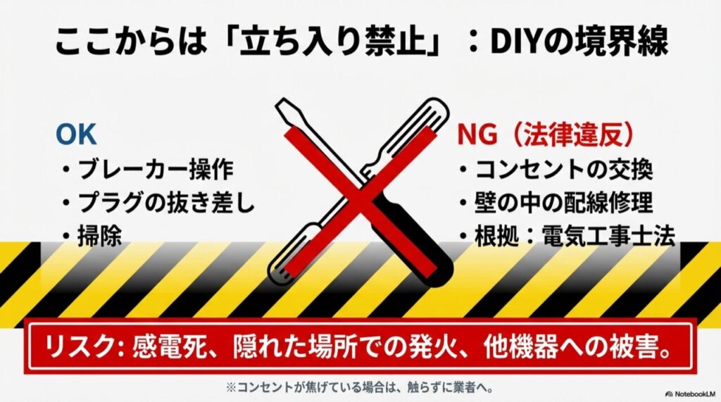 コンセント交換や配線修理は資格が必要でDIY禁止であることを示すイラスト