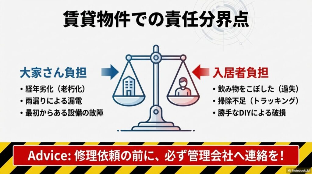 大家負担（経年劣化）と入居者負担（過失）のバランスを示す天秤のイラスト