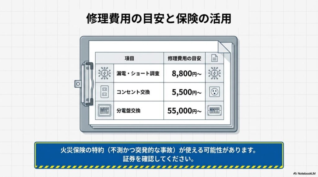 漏電調査、コンセント交換、分電盤交換などの概算費用リスト