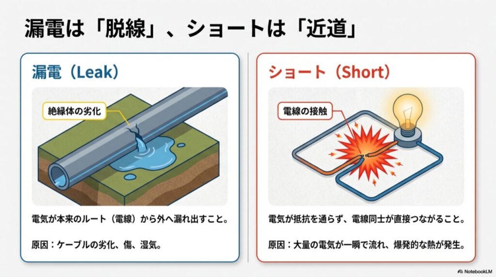 水漏れに例えた漏電（脱線）と、近道に例えたショート（短絡）の比較イラスト