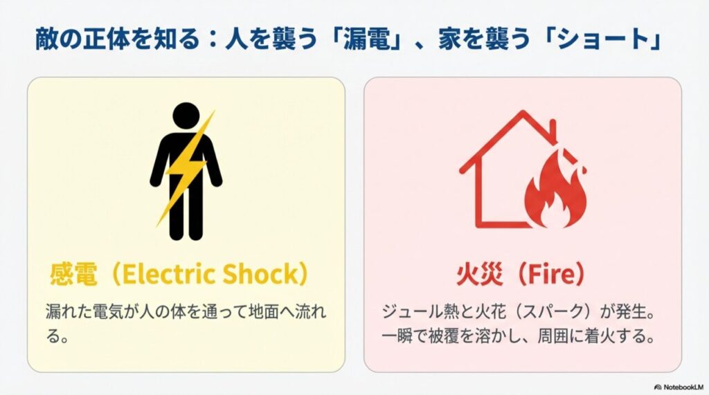 漏電は人体への感電、ショートは建物火災を引き起こすリスクがあることを示す比較図