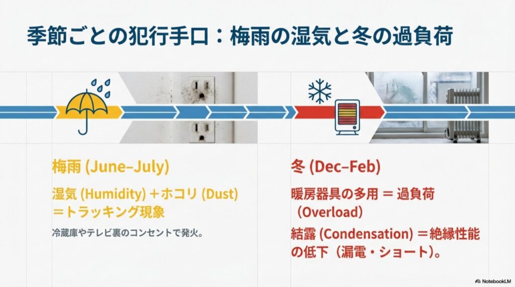 コンセントのホコリによるトラッキング現象や、暖房器具による過負荷を示すイラスト