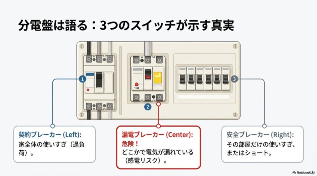 契約ブレーカー、漏電ブレーカー、安全ブレーカーの位置と役割を示した分電盤の図解