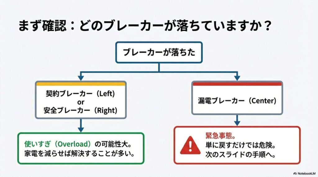 どのブレーカーが落ちたかによって、過負荷か漏電かを判断する分岐図