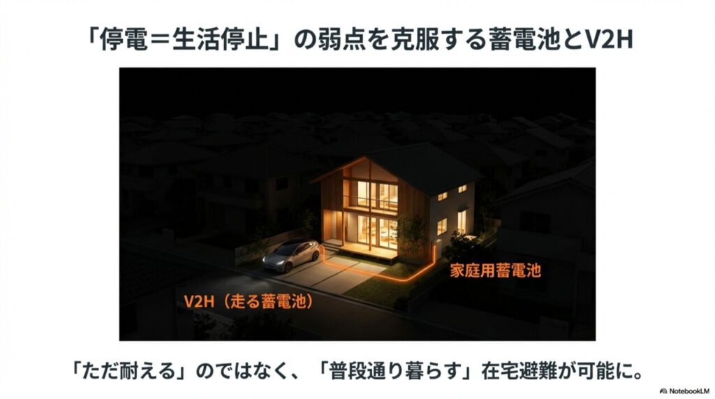停電した夜の街で、蓄電池とV2Hを備えた家だけが明かりが点いているイメージ図