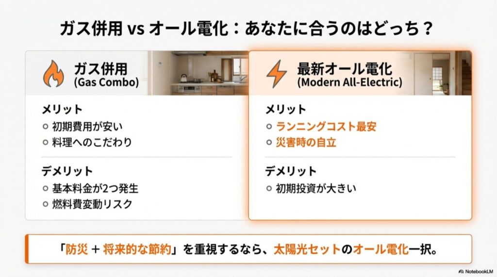 オール電化(太陽光あり)とガス併用のコストや災害時対応の違いを比較した表