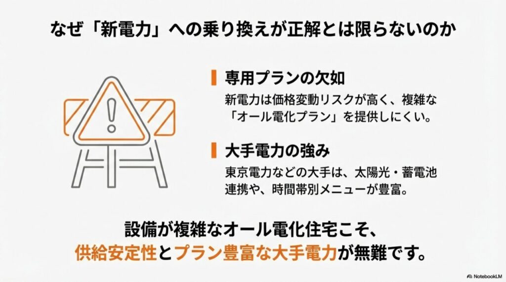 新電力のプラン欠如リスクと大手電力会社の供給安定性を比較した注意喚起の図