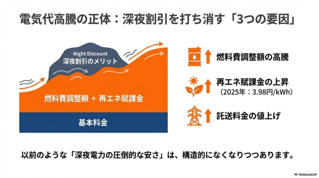 深夜割引のメリットを相殺してしまう燃料費調整額と再エネ賦課金の上昇を示す図解