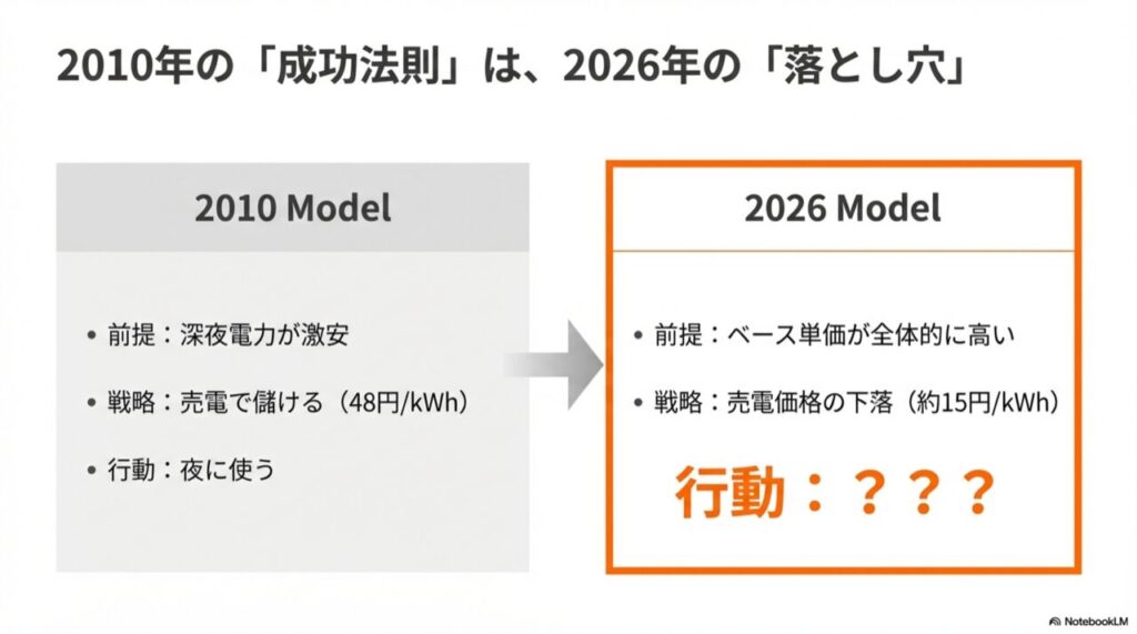 在宅ワークによる日中利用増、設備の老朽化、太陽光なし、家族構成の変化を示すイラスト