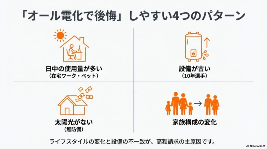 在宅ワークによる日中利用増、設備の老朽化、太陽光なし、家族構成の変化を示すイラスト