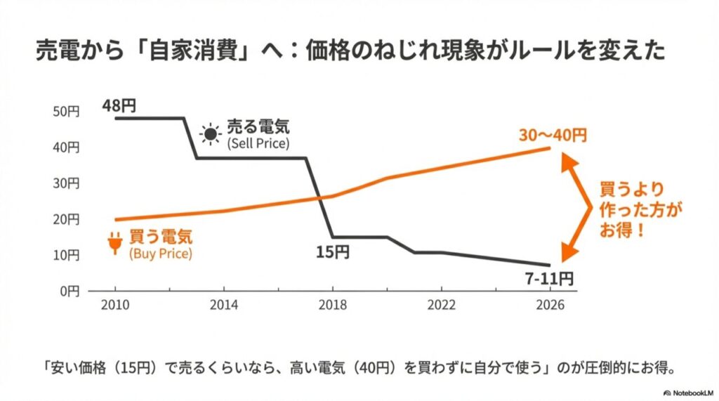 2010年から2026年にかけて売電価格が下落し、買電価格が上昇して逆転しているグラフ