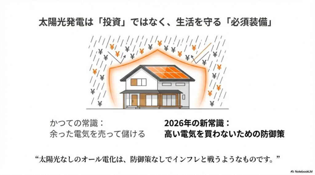 電気代高騰の雨から家を守る傘としての太陽光発電のイメージ図