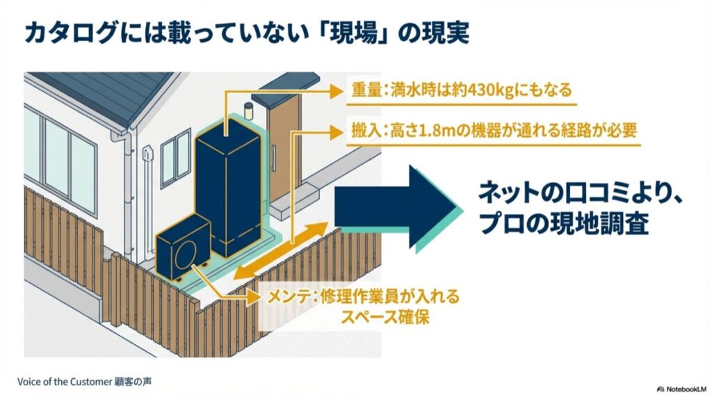 エコキュートの重量は満水時約430kg。高さ1.8mの搬入経路が必要であることを示す図解