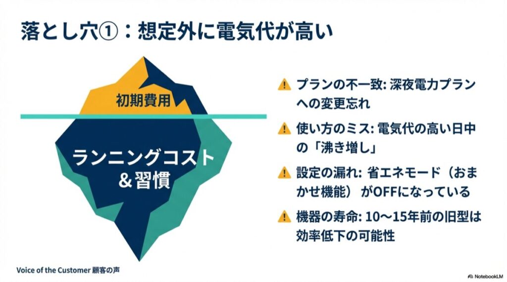 電気代が高い原因:プランの不一致、日中の沸き増し、省エネモードOFFなどのチェックポイント一覧
