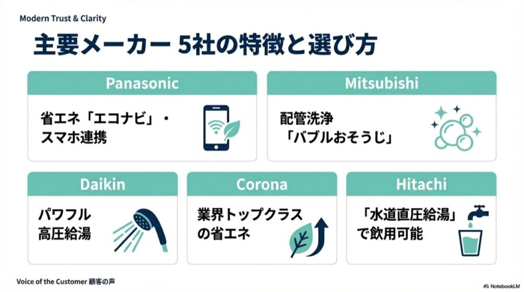 パナソニック、三菱、ダイキン、コロナ、日立の代表的な機能(バブルおそうじ、高圧給湯など)のアイコン一覧
