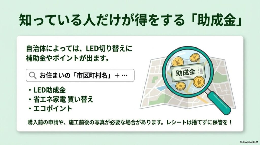 虫眼鏡で助成金やエコポイントを探すイラストと検索キーワードの例