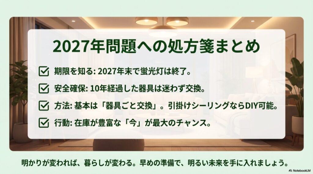 期限の把握、安全確保、交換方法など、蛍光灯終了問題への対応策をまとめた5つのチェック項目