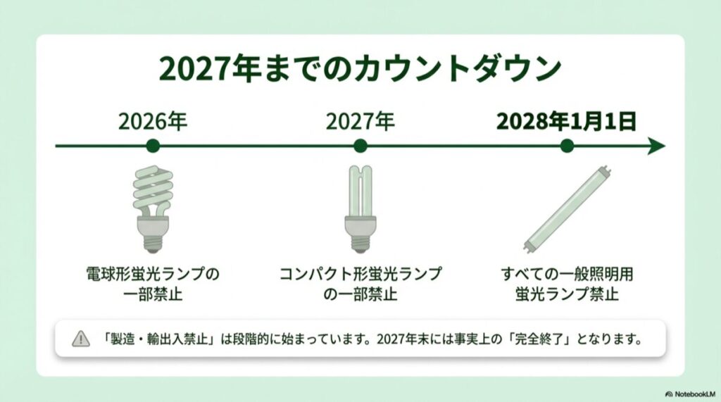 2026年から2028年にかけて電球形、コンパクト形、直管形蛍光灯が順次禁止されるスケジュールの図解