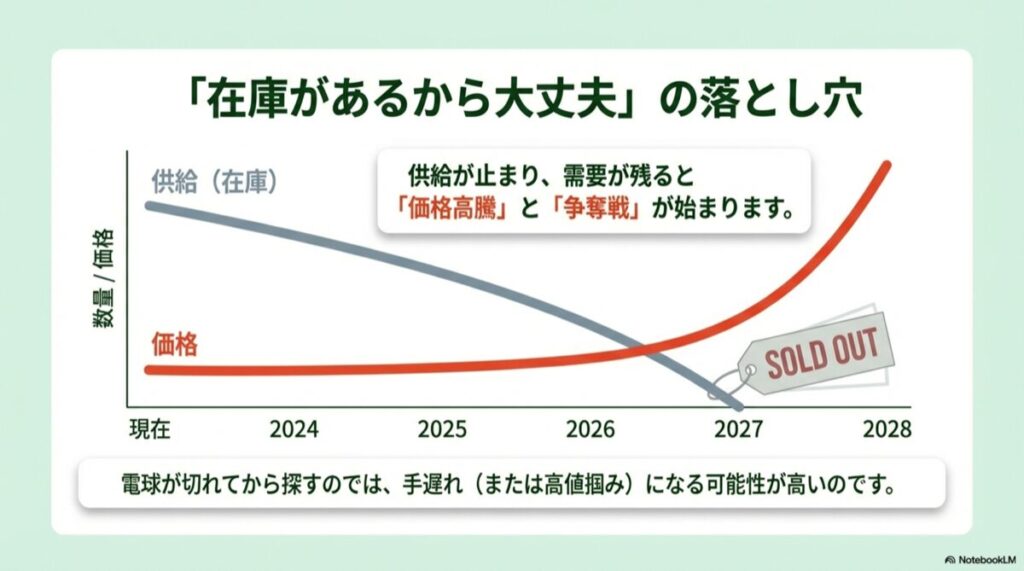 2027年に向けて供給量が減り、価格が急騰して在庫切れ（SOLD OUT）になるグラフ