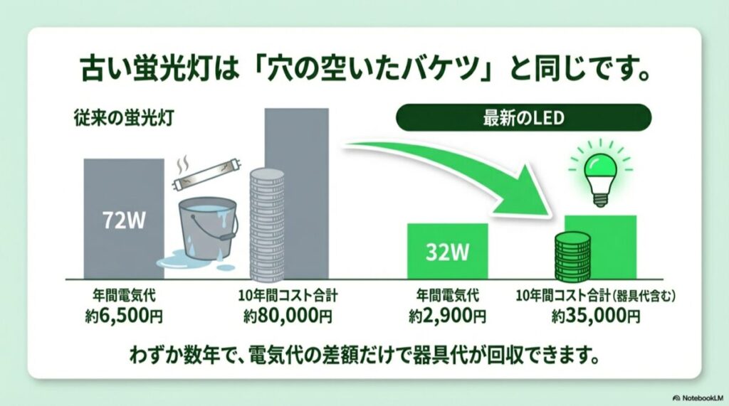 穴の空いたバケツから水が漏れる様子と、蛍光灯対LEDの10年間のコスト差額を示す図