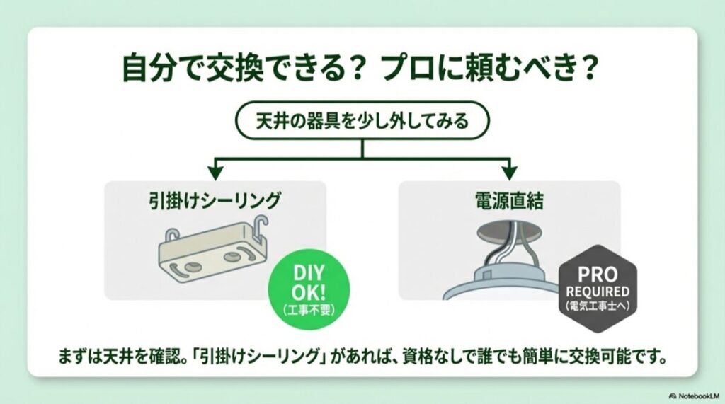 天井にある引掛けシーリングの形状イラストと、DIY交換可能かプロへの依頼が必要かの判断基準