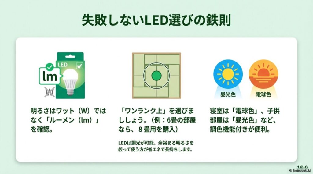 パッケージのルーメン(lm)表記の確認や、部屋の広さに合わせた適用畳数の選び方、調色機能の解説