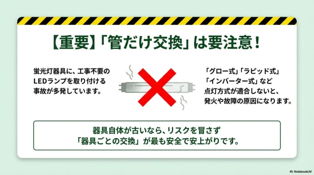 古い蛍光灯器具にLEDランプだけを取り付けることによる不適合と発火事故へのバツ印警告