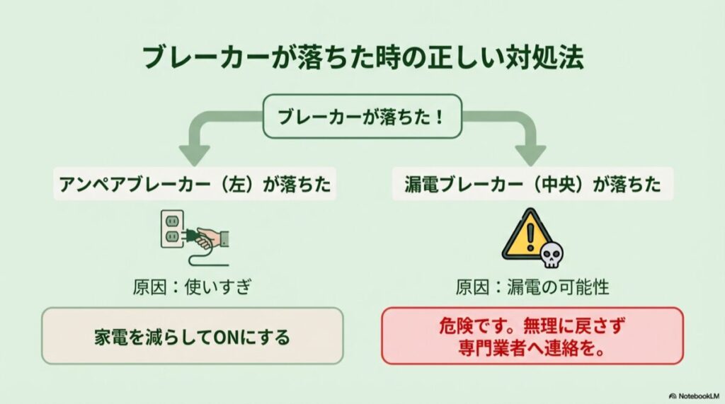 アンペアブレーカー、漏電ブレーカー、安全ブレーカーそれぞれが落ちた場合の原因と対処手順をまとめた図。