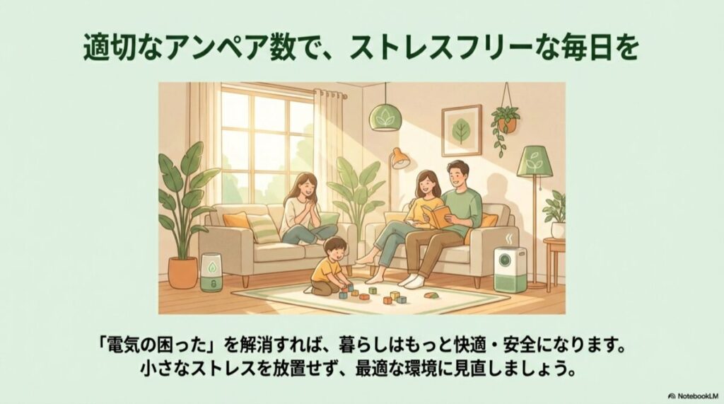 家族が笑顔でリビングで過ごしているイラスト。電気ストレスのない快適な生活のイメージ。