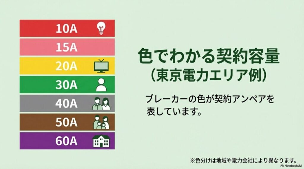 10Aから60Aまでのアンペアブレーカーの色分け(赤、桃、黄、緑、灰、茶、紫)を示した一覧図。
