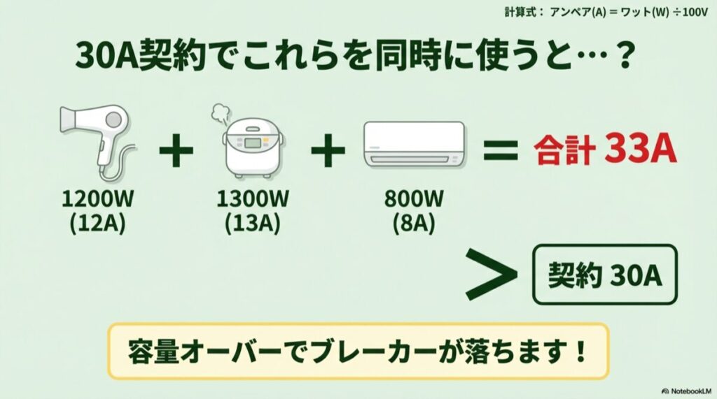 ドライヤー(1200W)、炊飯器、エアコンの消費電力を合計し、30A契約を超えてブレーカーが落ちる計算式の図解。