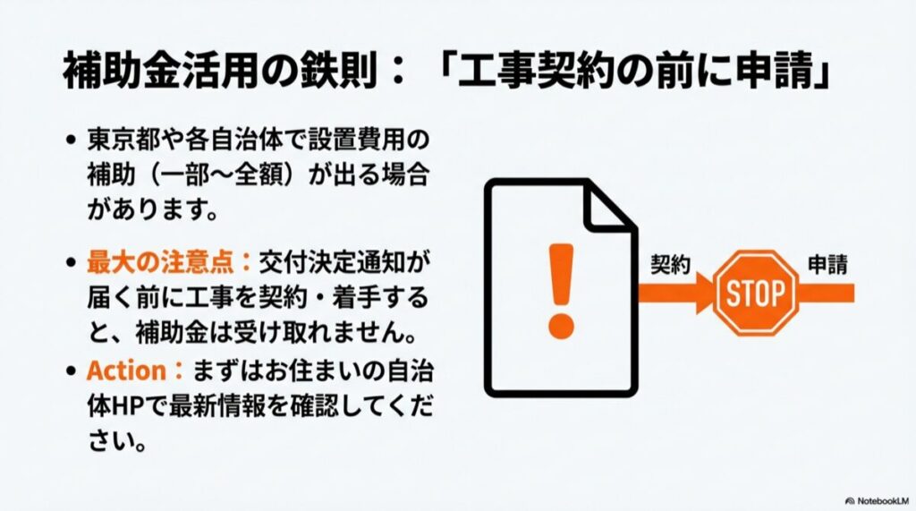 補助金申請の鉄則図解。工事契約をしてから申請すると対象外になります。必ず「申請」をしてから「契約」に進んでください。