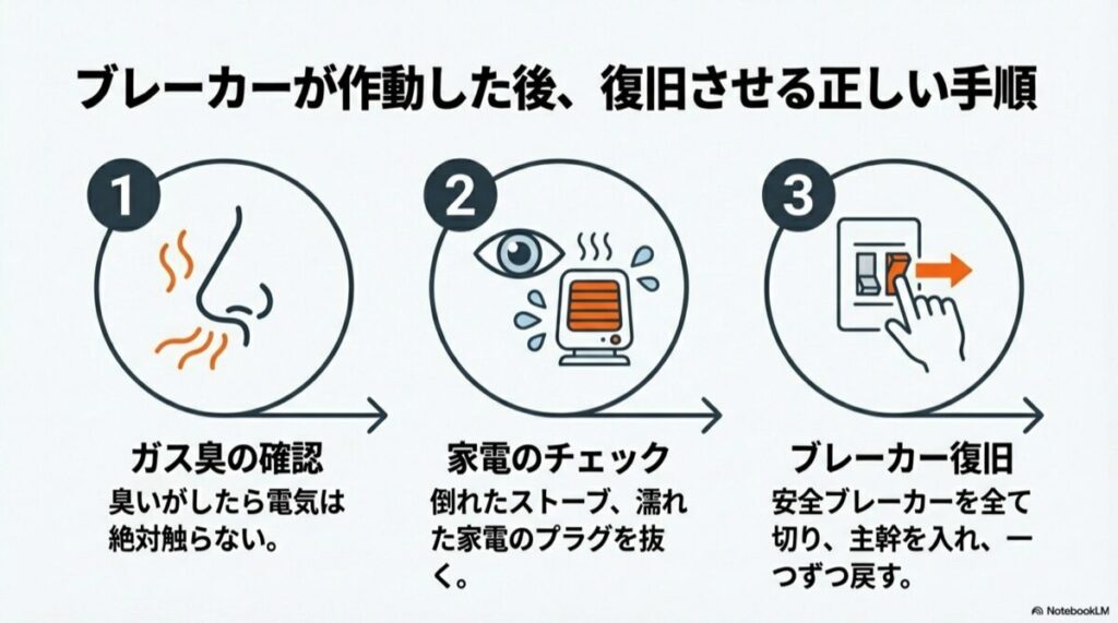 ブレーカーを戻す前の3ステップ。1.ガス臭の確認、2.倒れた家電やプラグのチェック、3.安全ブレーカーから順に復旧させる。