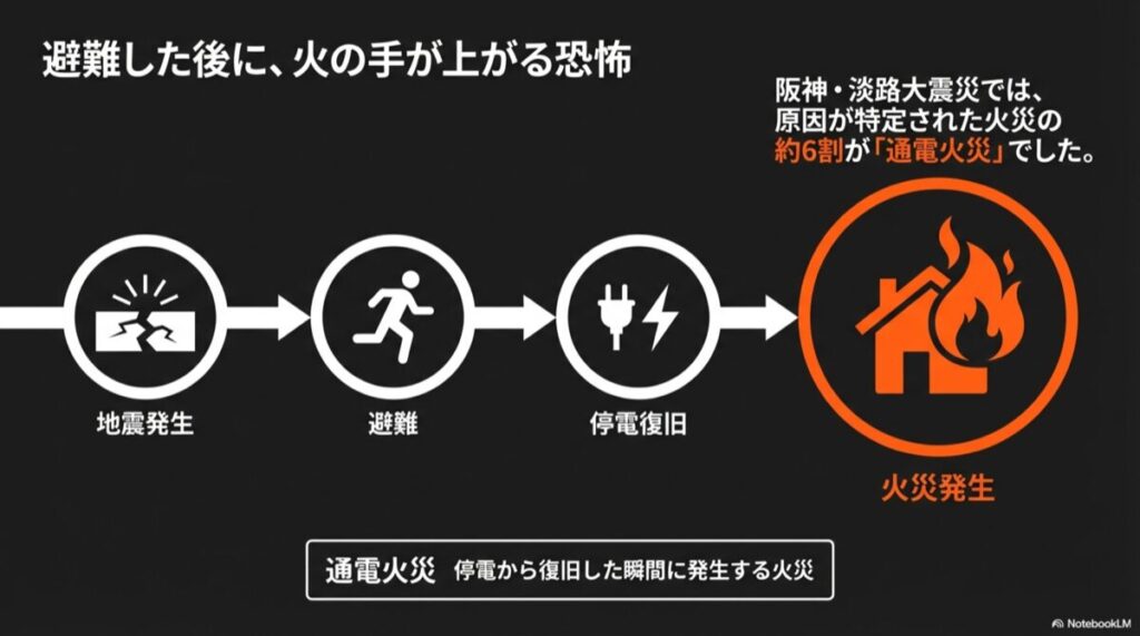 阪神・淡路大震災では火災原因の約6割が通電火災でした。地震発生から避難、停電復旧を経て火災に至る流れの図解。