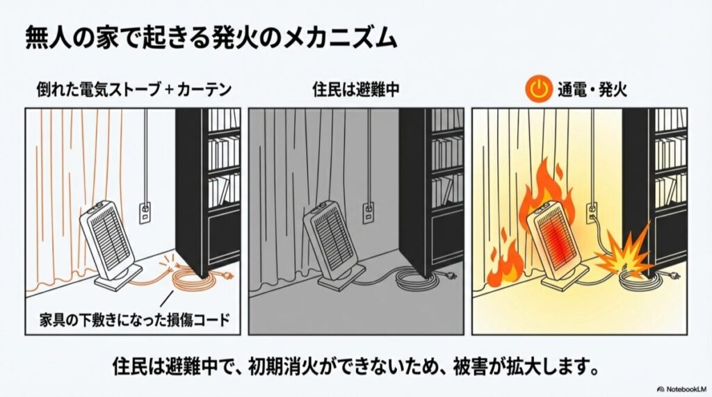 転倒した電気ストーブがカーテンに接触し、停電復旧後に無人の部屋で発火する通電火災のイラスト。