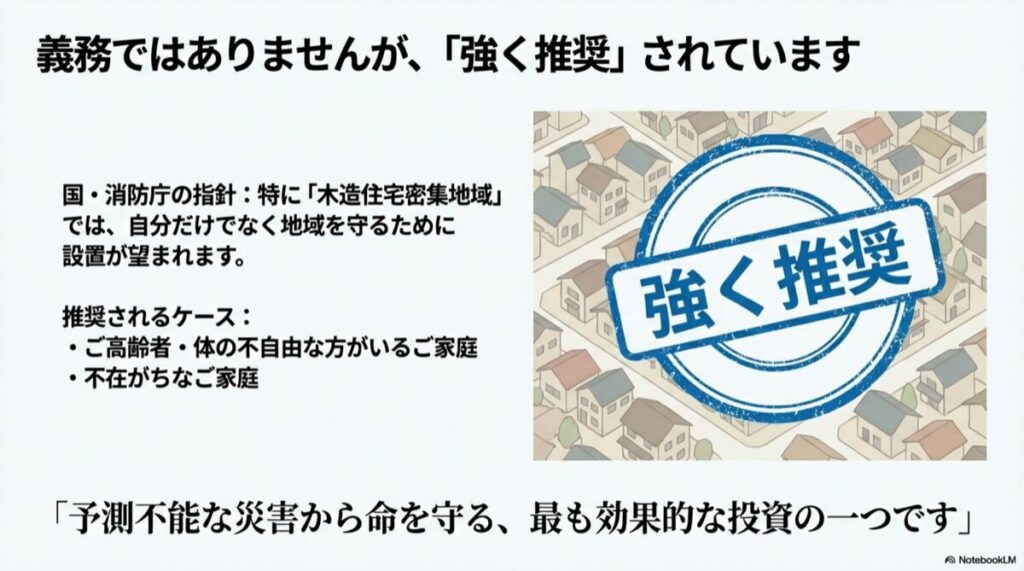 国や消防庁が設置を強く推奨しているケース。木造住宅密集地域、高齢者・体の不自由な方がいる家庭、不在がちな家庭のイラスト。