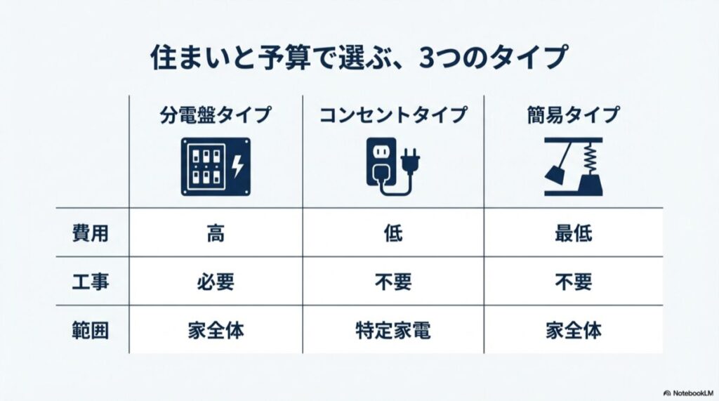 分電盤タイプ、コンセントタイプ、簡易タイプの費用、工事の有無、遮断範囲を比較した一覧表。