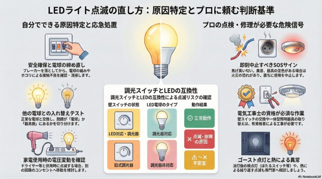 LEDライト点滅の直し方：原因特定とプロに頼む判断基準
