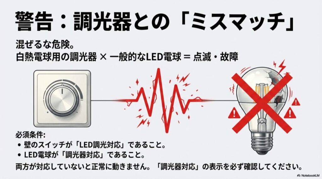 白熱球用調光器とLED電球の組み合わせによるNG例のイラスト