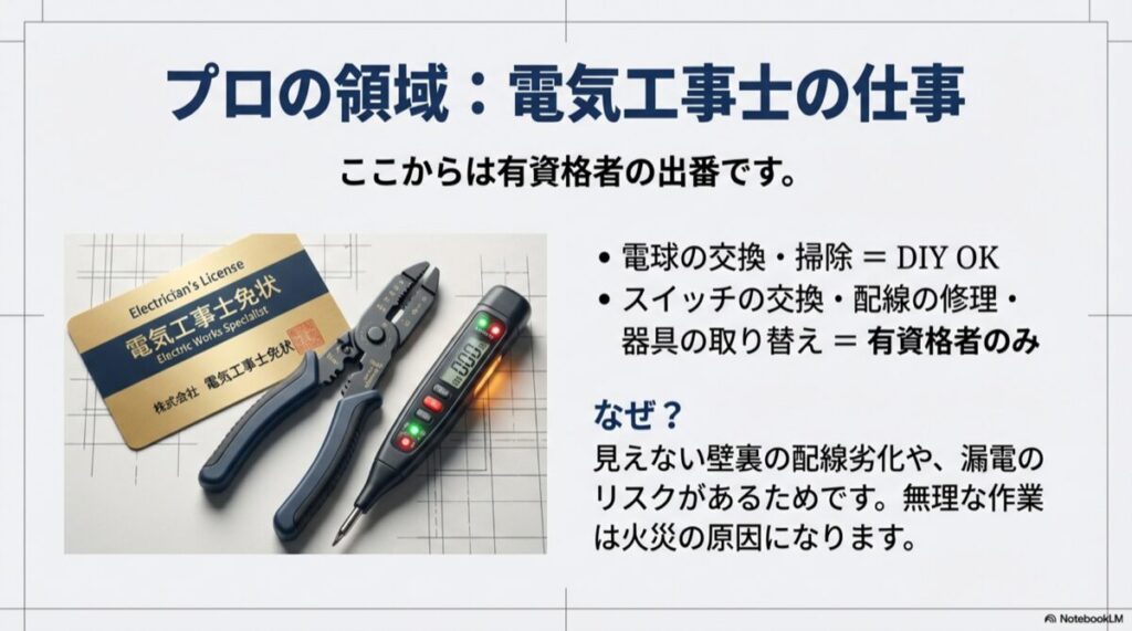 電気工事士免状と専門工具（ストリッパーやテスター）の写真