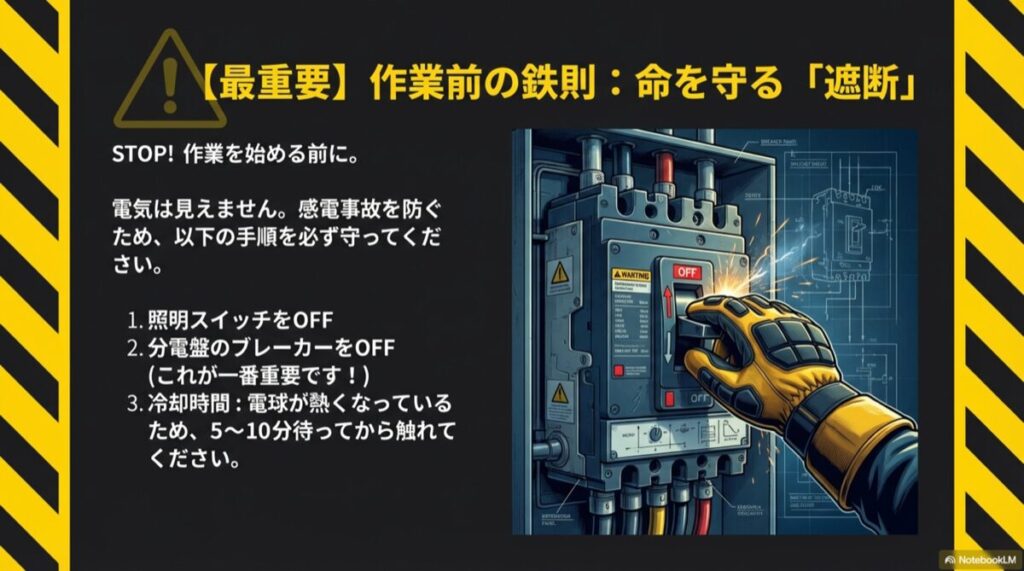 分電盤のブレーカーを指差呼称でOFFにするイラストと手順