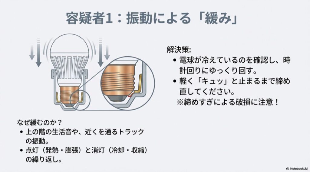 電球が振動で徐々に緩んでいく様子を描いた図解