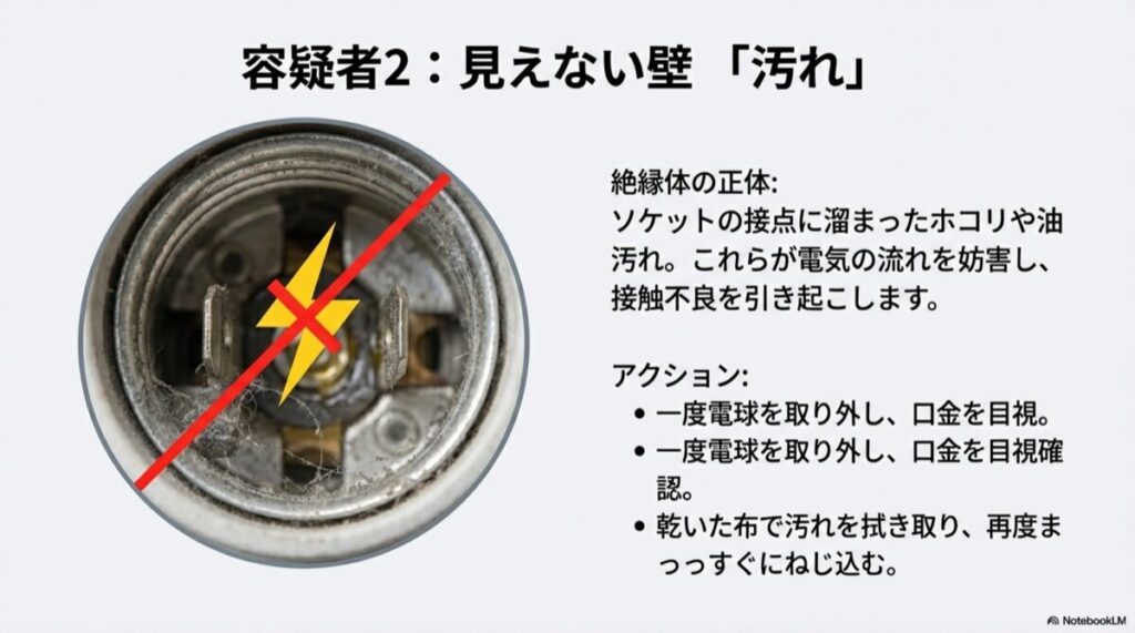 ソケット内部の接点に溜まったホコリと汚れの拡大図と禁止マーク
