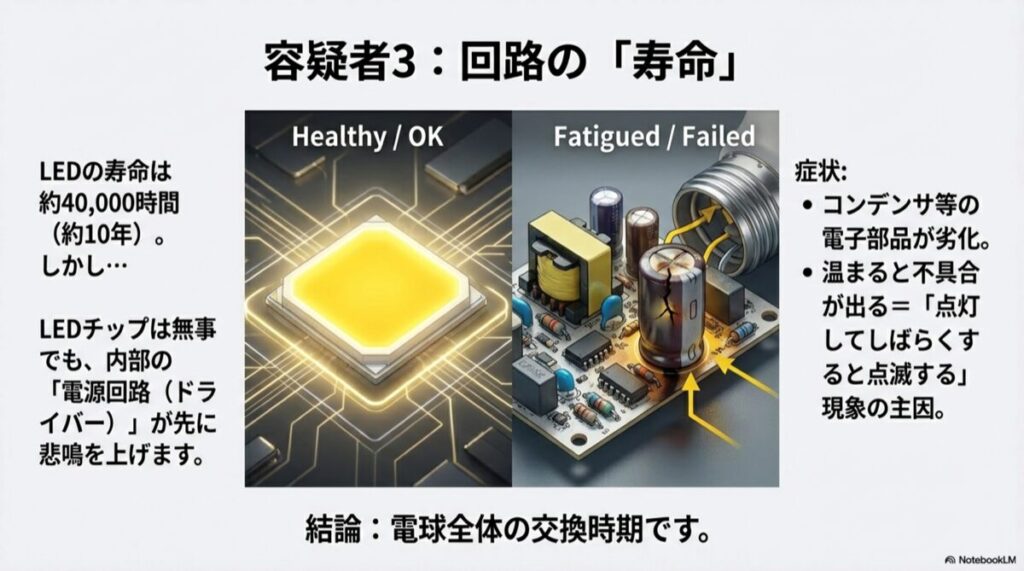 LEDチップは無事だがコンデンサが破損している回路基板の比較図