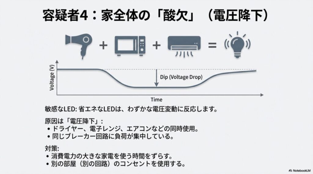 ドライヤーや電子レンジ使用時に電圧が下がり照明が暗くなるグラフ