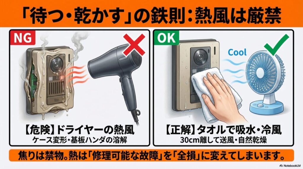 NG：ドライヤーの熱風で基板が溶ける図、OK：扇風機やタオルで優しく乾かす図