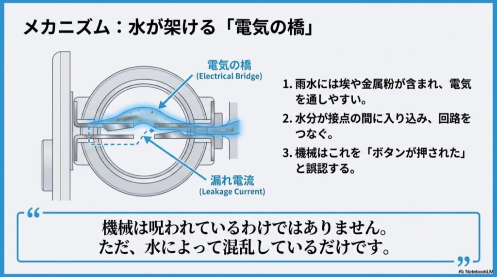 水分が電気の橋となり、誤ってボタン押下信号を送る内部構造の断面図