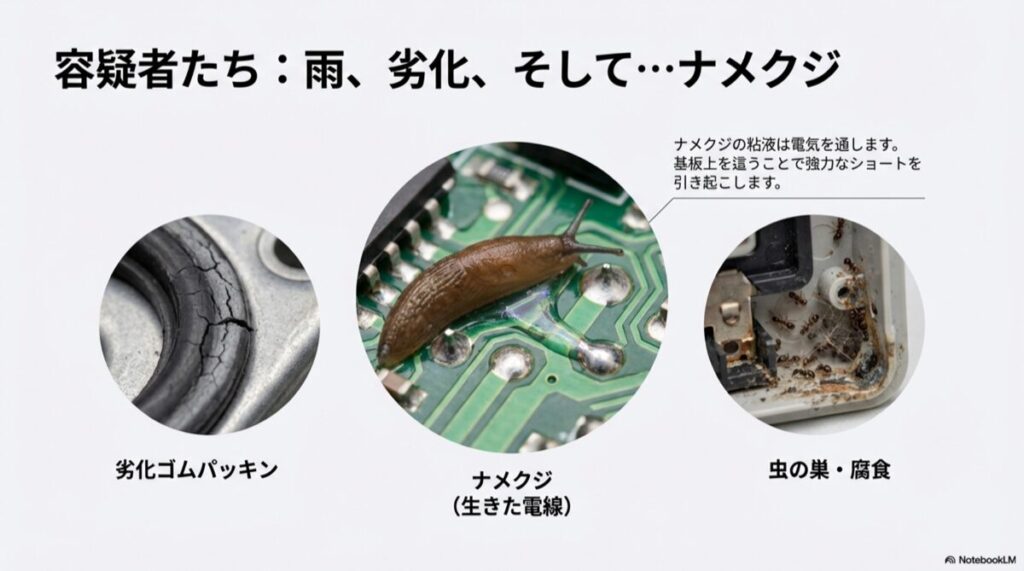 基板の上を這うナメクジと、内部に密集したアリの被害写真