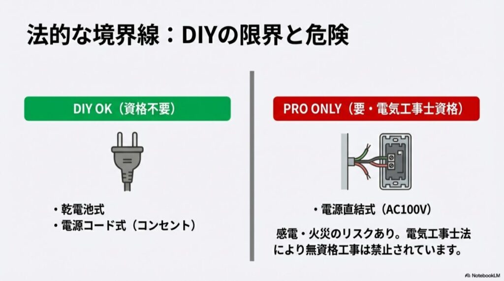 コンセント式はDIY可、電源直結式はプロ限定という資格区分の図解