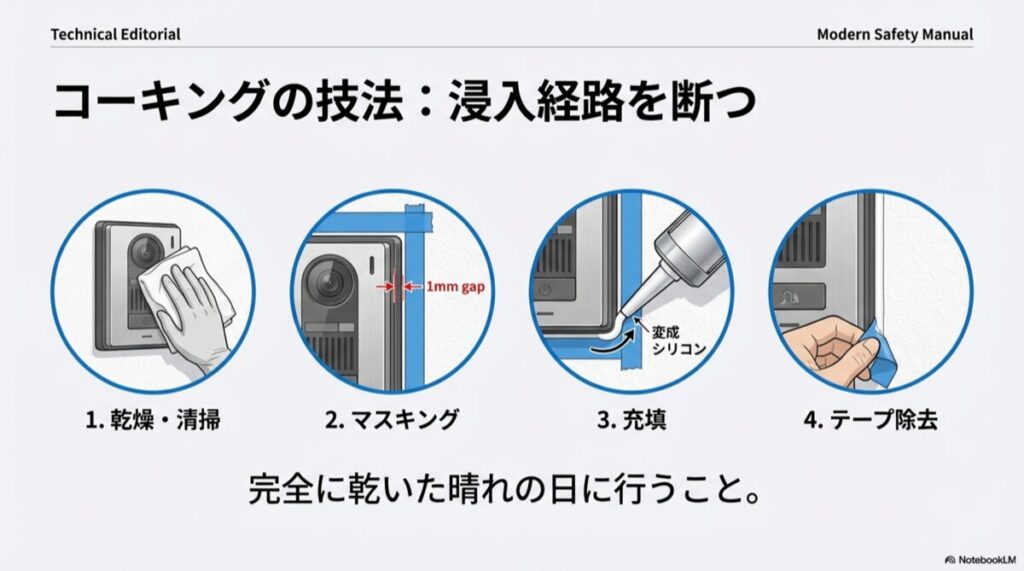 1mmの隙間を開けてマスキングテープを貼り、シリコンを充填する手順図